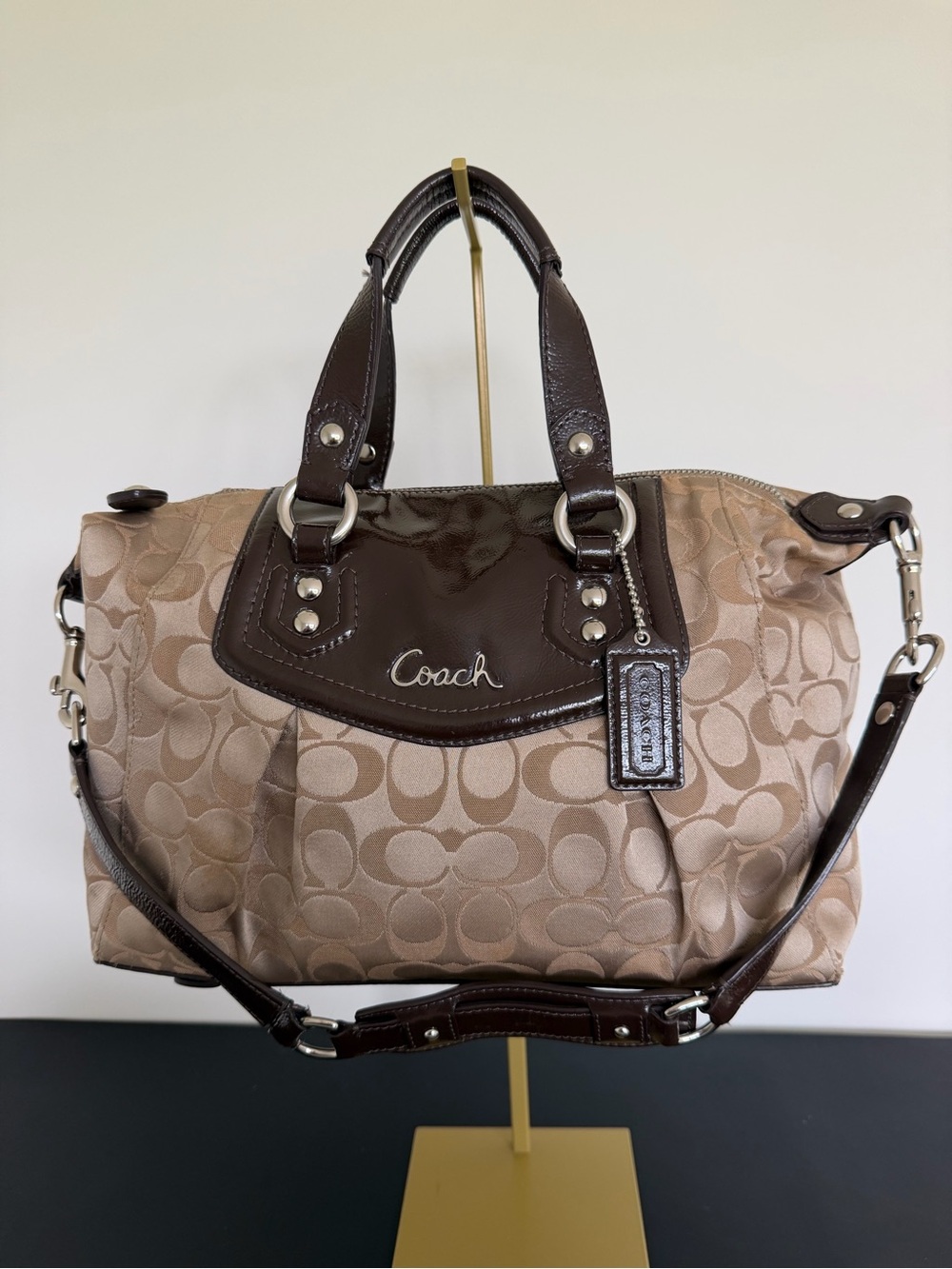 Coach F19242 Ashley Signature Satchel Brown Patent Khaki Crossbody